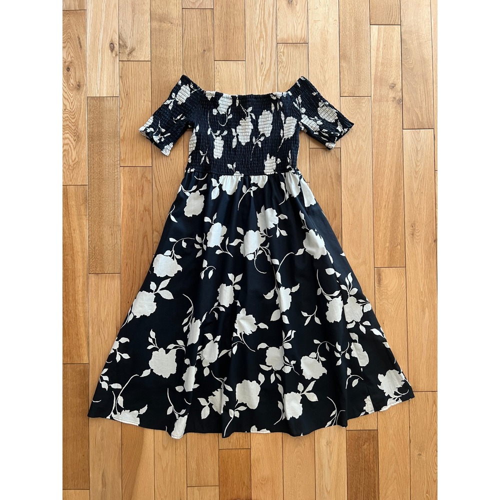 Soft Surroundings Smocked Off Shoulder Midi A-line Floral Dress Black White PM